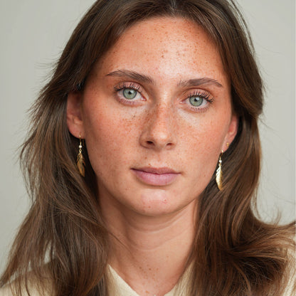 Large Feather Symphony Dangle Earring - Polished Gold Plated Sterling Silver with 2 white Topas