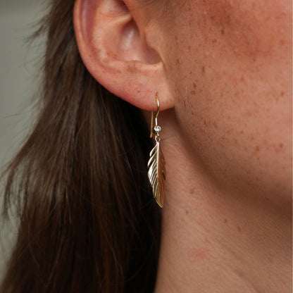 Large Feather Symphony Dangle Earring - Polished Gold Plated Sterling Silver with 2 white Topas