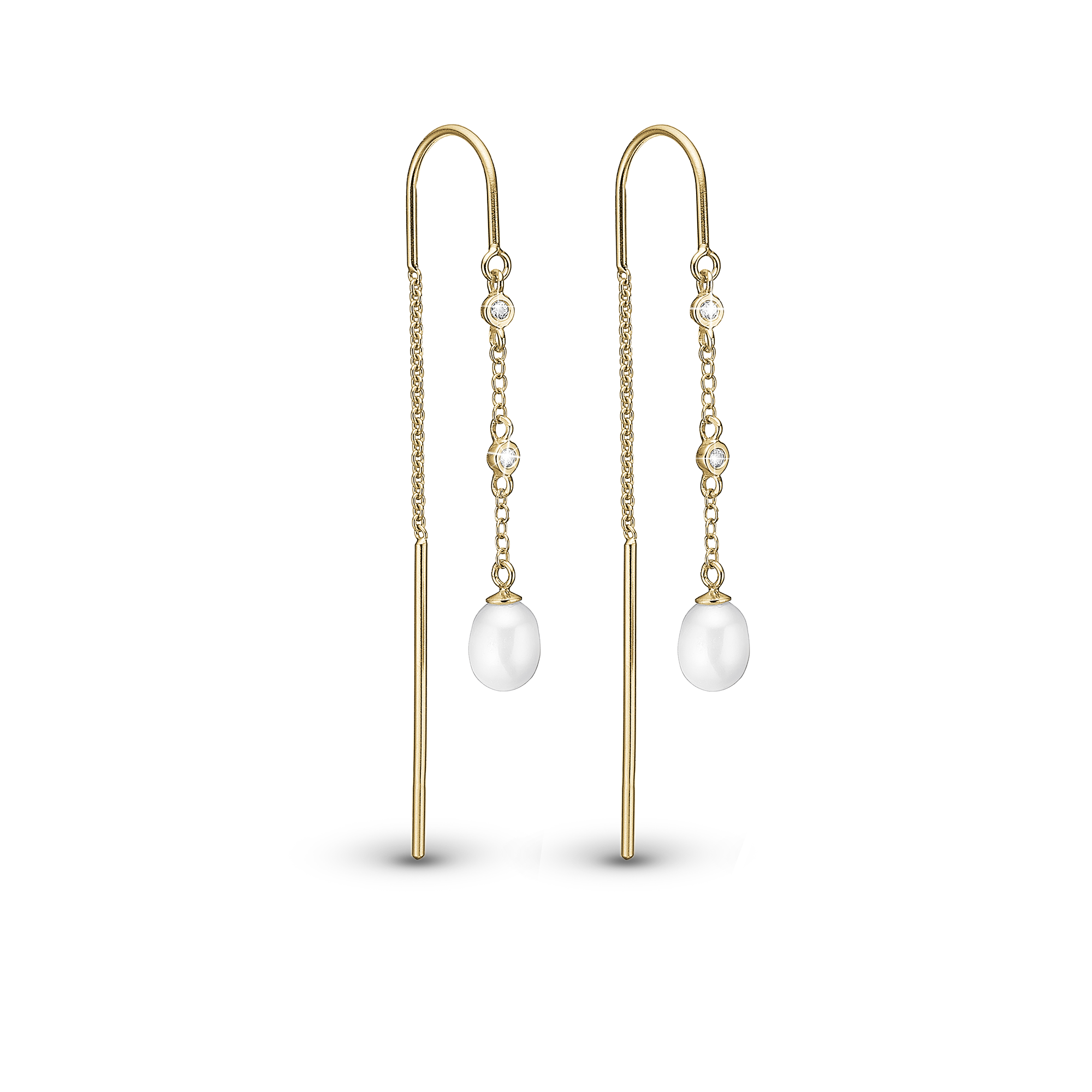 Pearl Drops Dangle Earring - Polished Gold Plated Sterling Silver with 6 white Freshwater Pearls