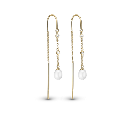 Pearl Drops Dangle Earring - Polished Gold Plated Sterling Silver with 6 white Ferskvandsperler