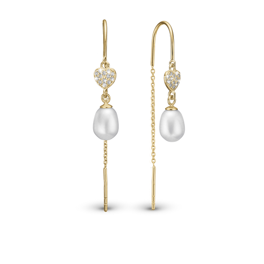 Precious Heart Dangle Earring - Gold Plated Sterling Silver with 28 white Ferskvandsperler