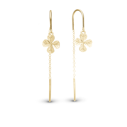 Long FoWatch Leaf Clover Dangle Earring - Brushed Gold Plated Sterling Silver