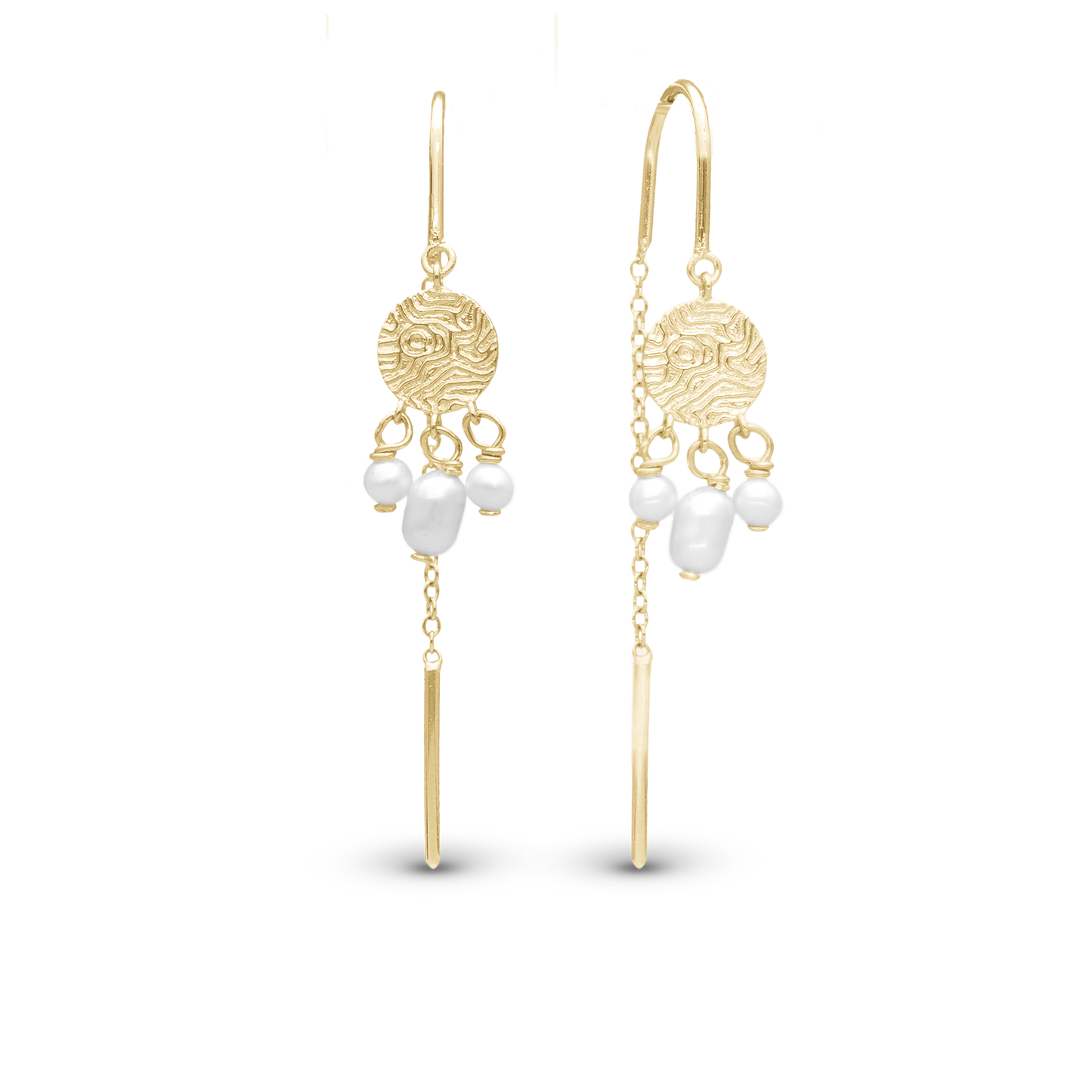 Long Dazzling Imprint Dangle Earring - Polished Gold Plated Sterling Silver with 6 white Ferskvandsperler