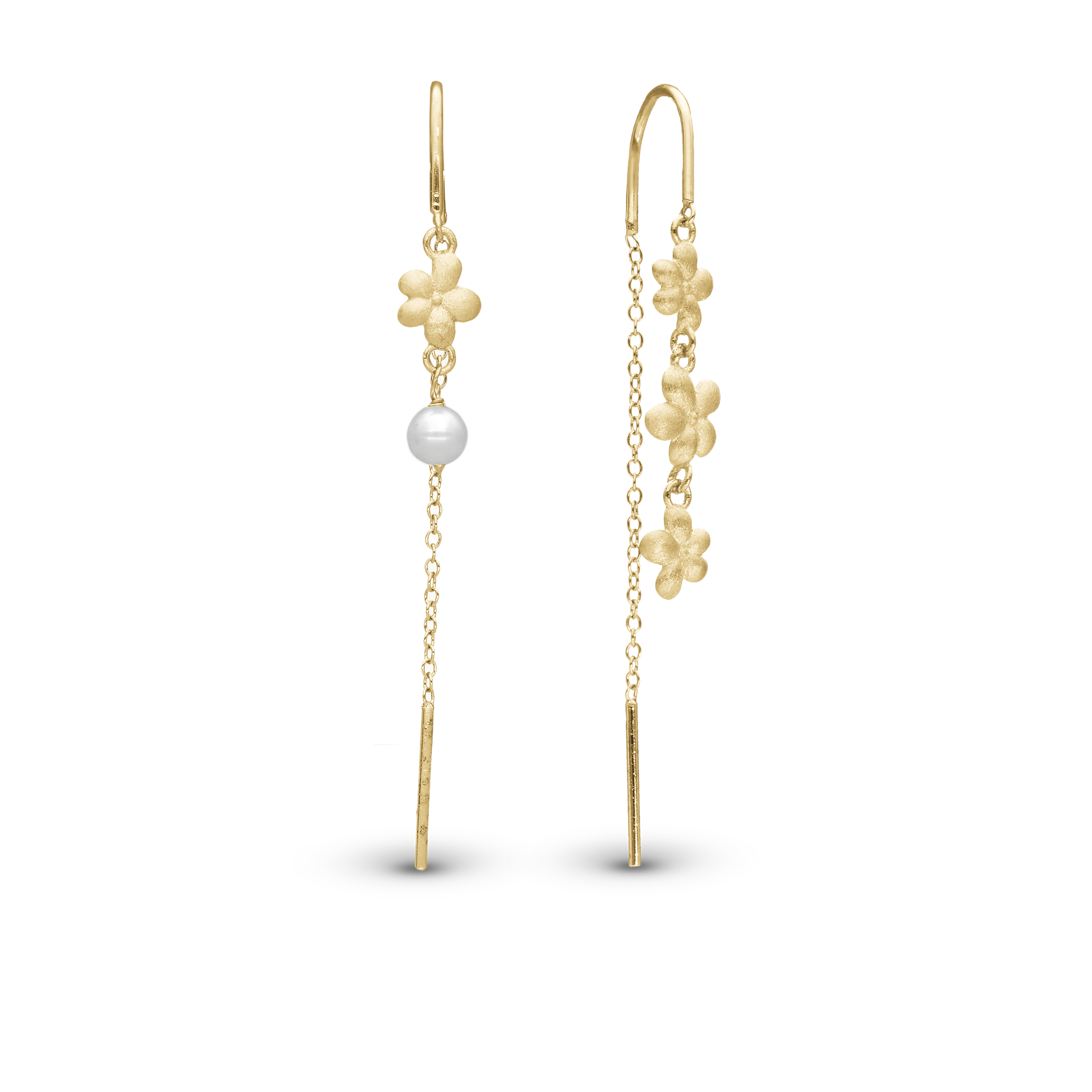 Graceful Flowers Dangle Earring - Matte Gold Plated Sterling Silver with 1  Sparkling Gold Plated Sterling Silver with 6 white Freshwater Pearl