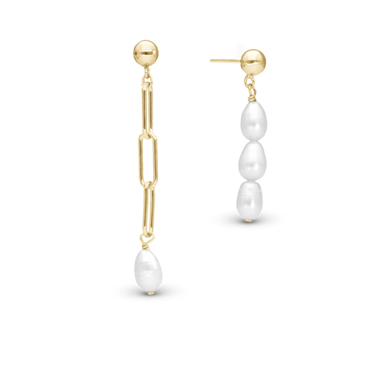 Playful Pearls Dangle Earring - Polished Gold Plated Sterling Silver with 4 white Ferskvandsperler