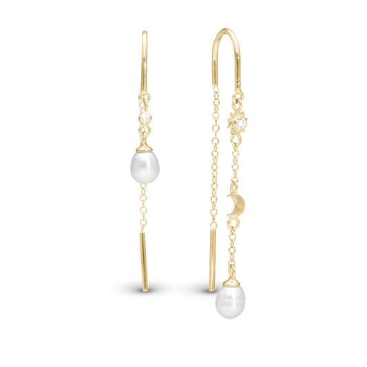 Day & Night Dangle Earring - Polished Gold Plated Sterling Silver with 2 white Ferskvandsperler