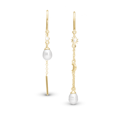 Day & Night Dangle Earring - Polished Gold Plated Sterling Silver with 2 white Ferskvandsperler