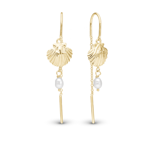 Long Clam Shell Dangle Earring - Polished Gold Plated Sterling Silver with 2 white Ferskvandsperler