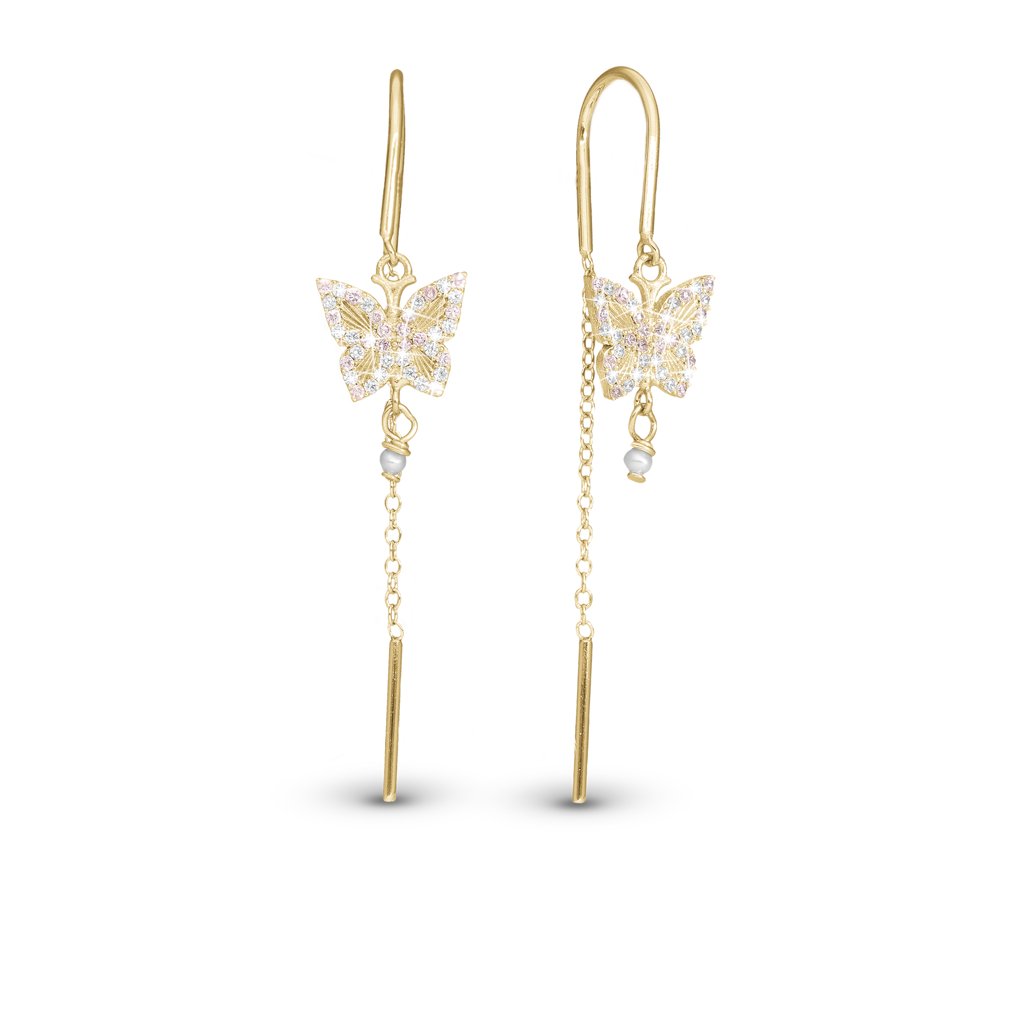 Sparkling Butterfly Dangle Earring - Polished Gold Plated Sterling Silver with 40 white Cubic Zirkonia