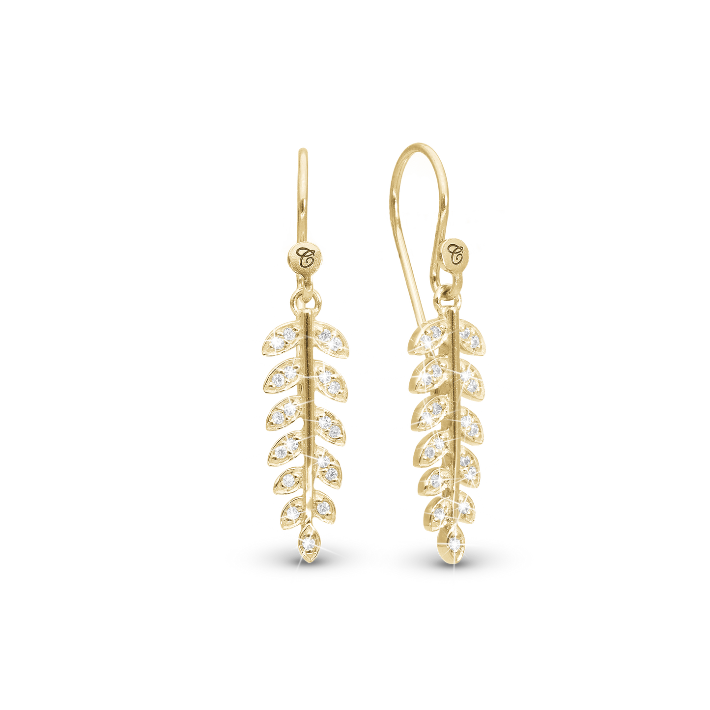 Forest Leaves Dangle Earring - Polished Gold Plated Sterling Silver with 40 white Cubic Zirkonia