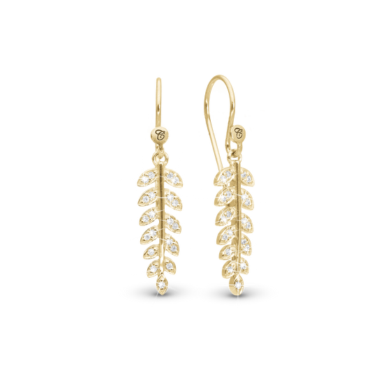 Forest Leaves Dangle Earring - Polished Gold Plated Sterling Silver with 40 white Cubic Zirkonia