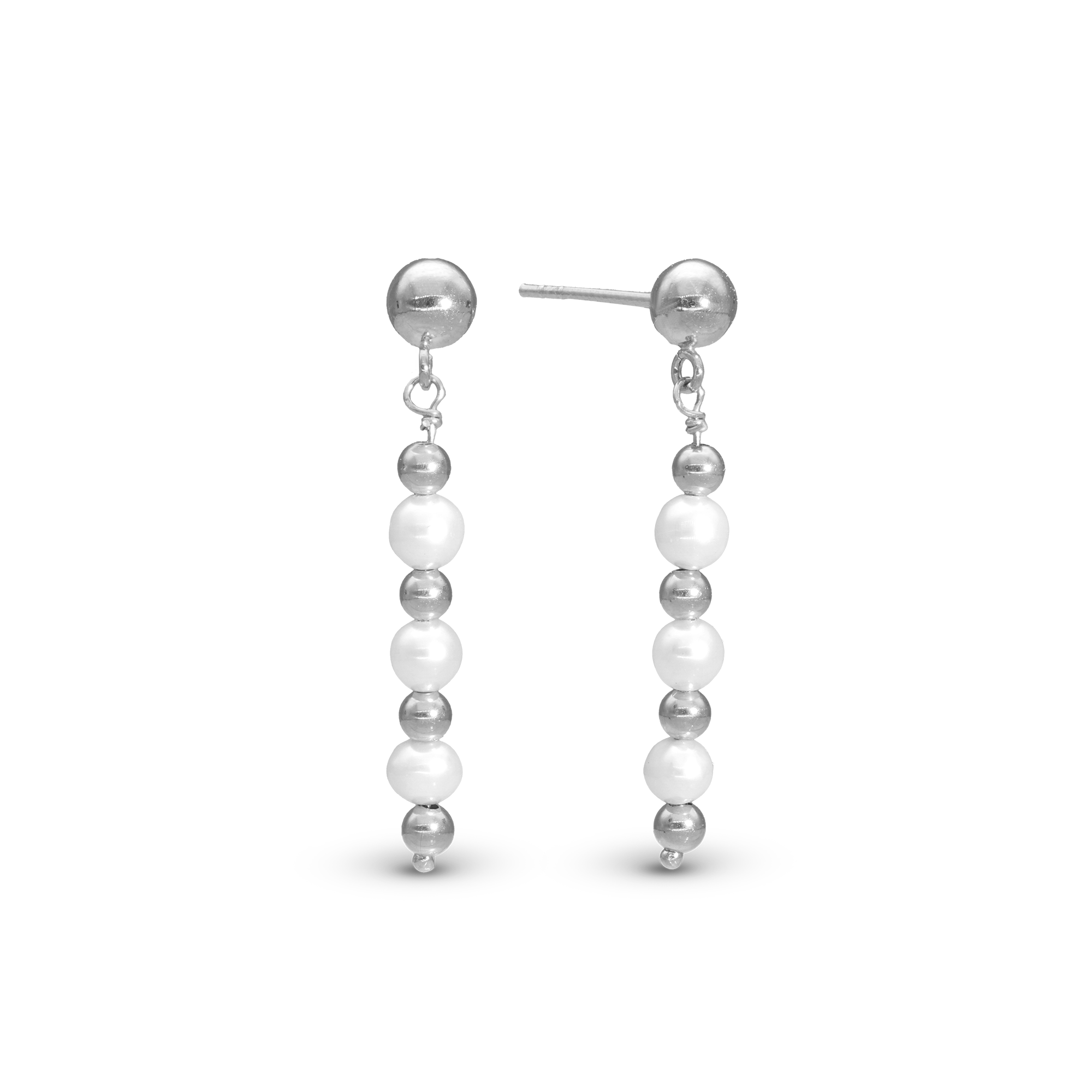 Pearl Mix Dangle Earring - Polished Sterling Silver with 6 white Freshwater pearls