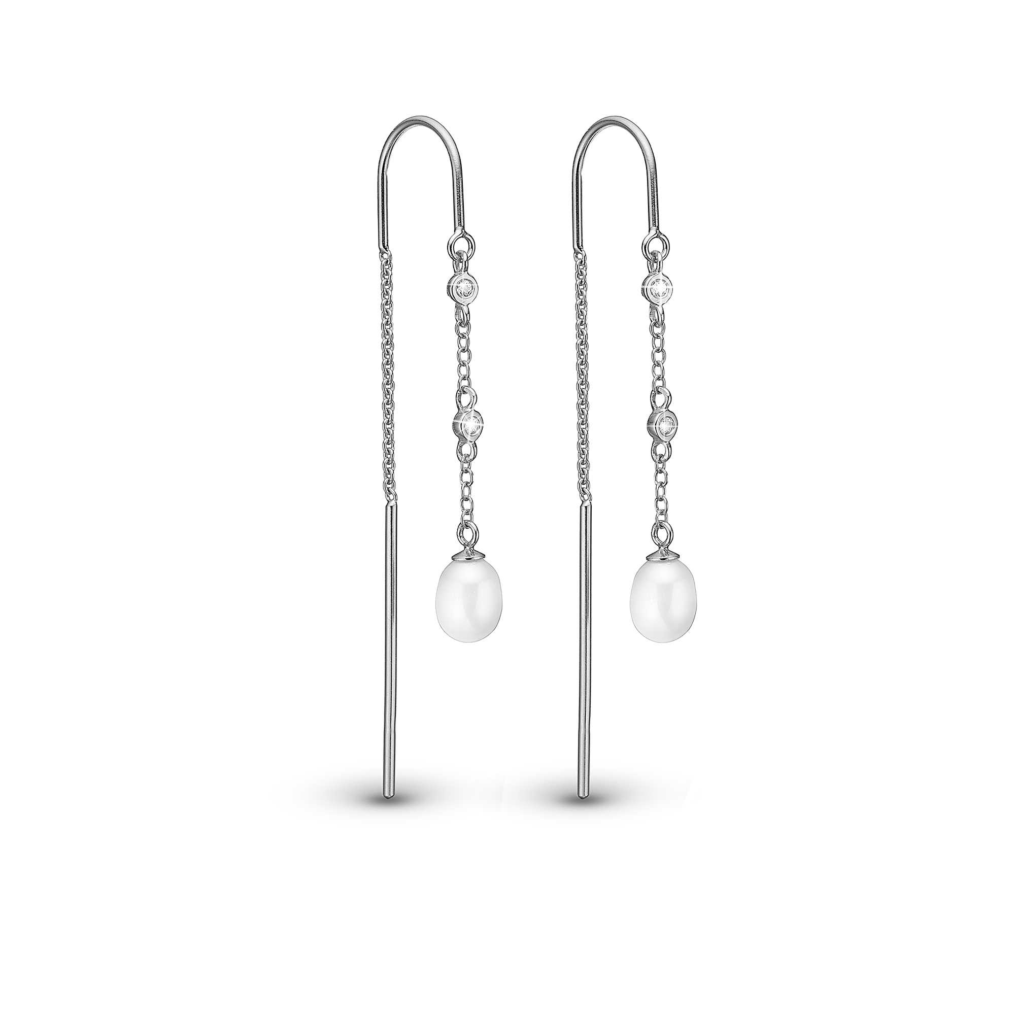 Pearl Drops Dangle Earring - Polished Sterling Silver with 6 white Freshwater Pearls