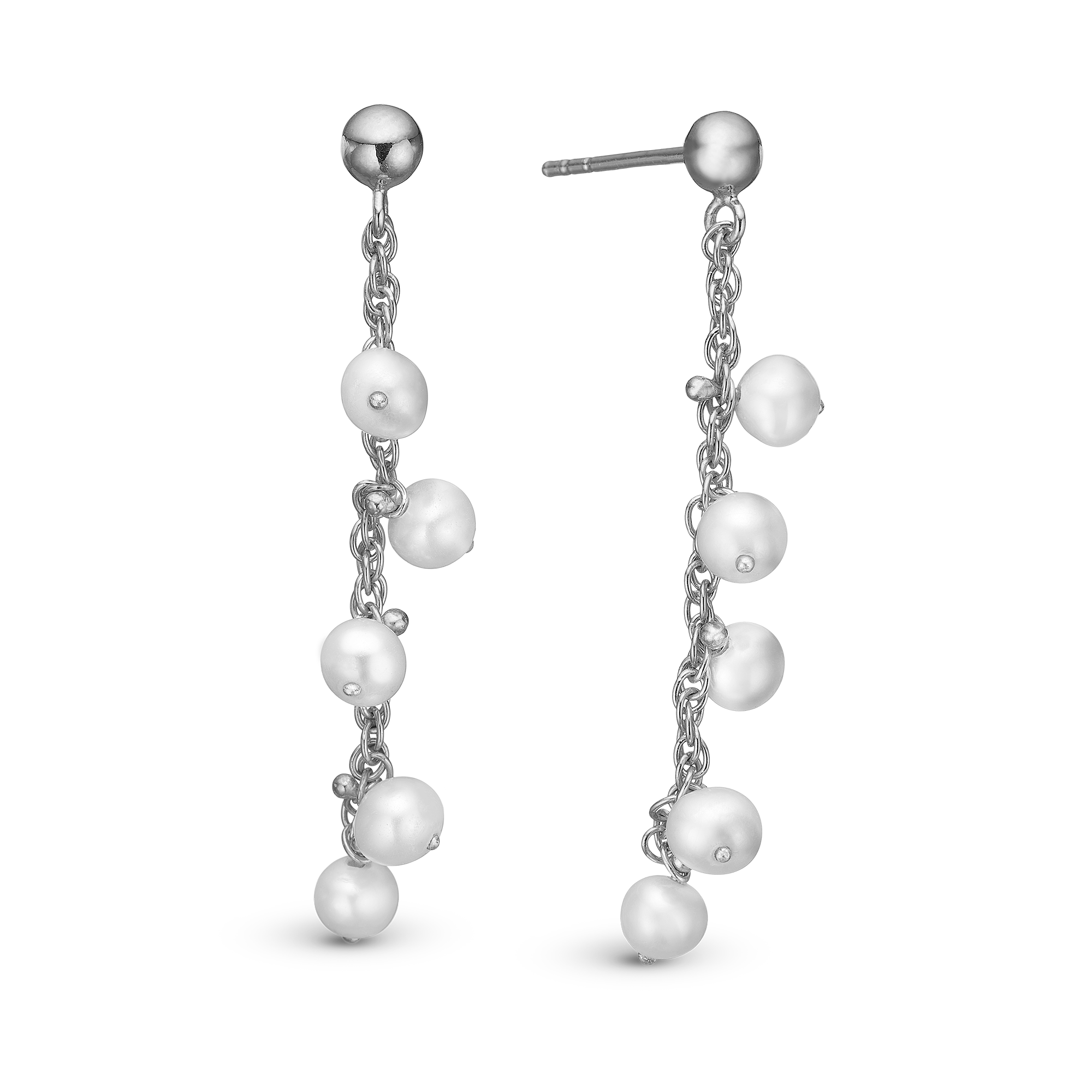 Dangling Pearls Dangle Earring - Sterling Silver with 10 white Freshwater Pearls