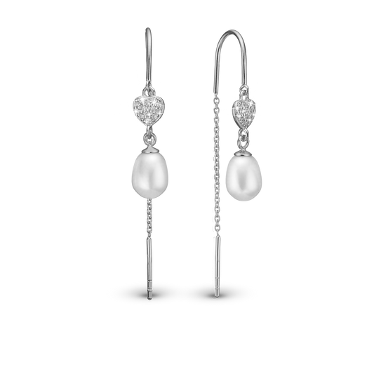 Precious Heart Dangle Earring - Sterling Silver with 28 white Ferskvandsperler