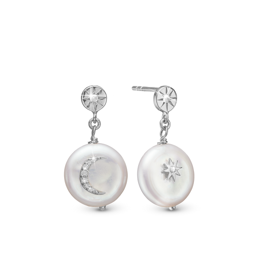 Sun & Moon Dangle Earring - Sterling Silver with 10 white Ferskvandsperler