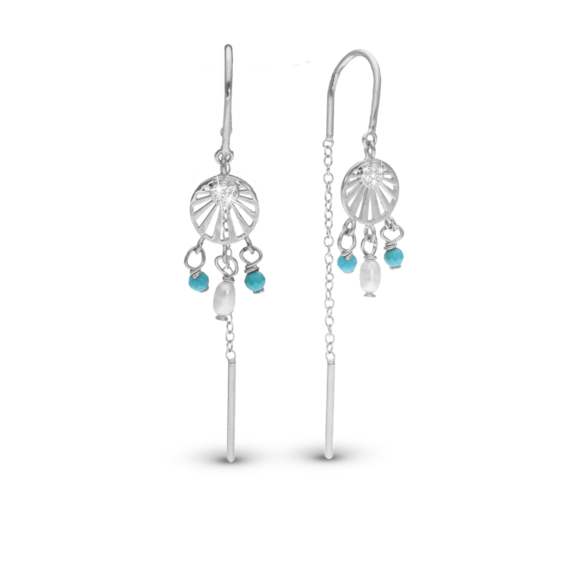 Ocean Sunset Dangle Earring - Polished Sterling Silver with 18 white Cubic Zirkonia