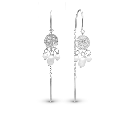 Long Dazzling Imprint Dangle Earring - Polished Sterling Silver with 6 white Ferskvandsperler