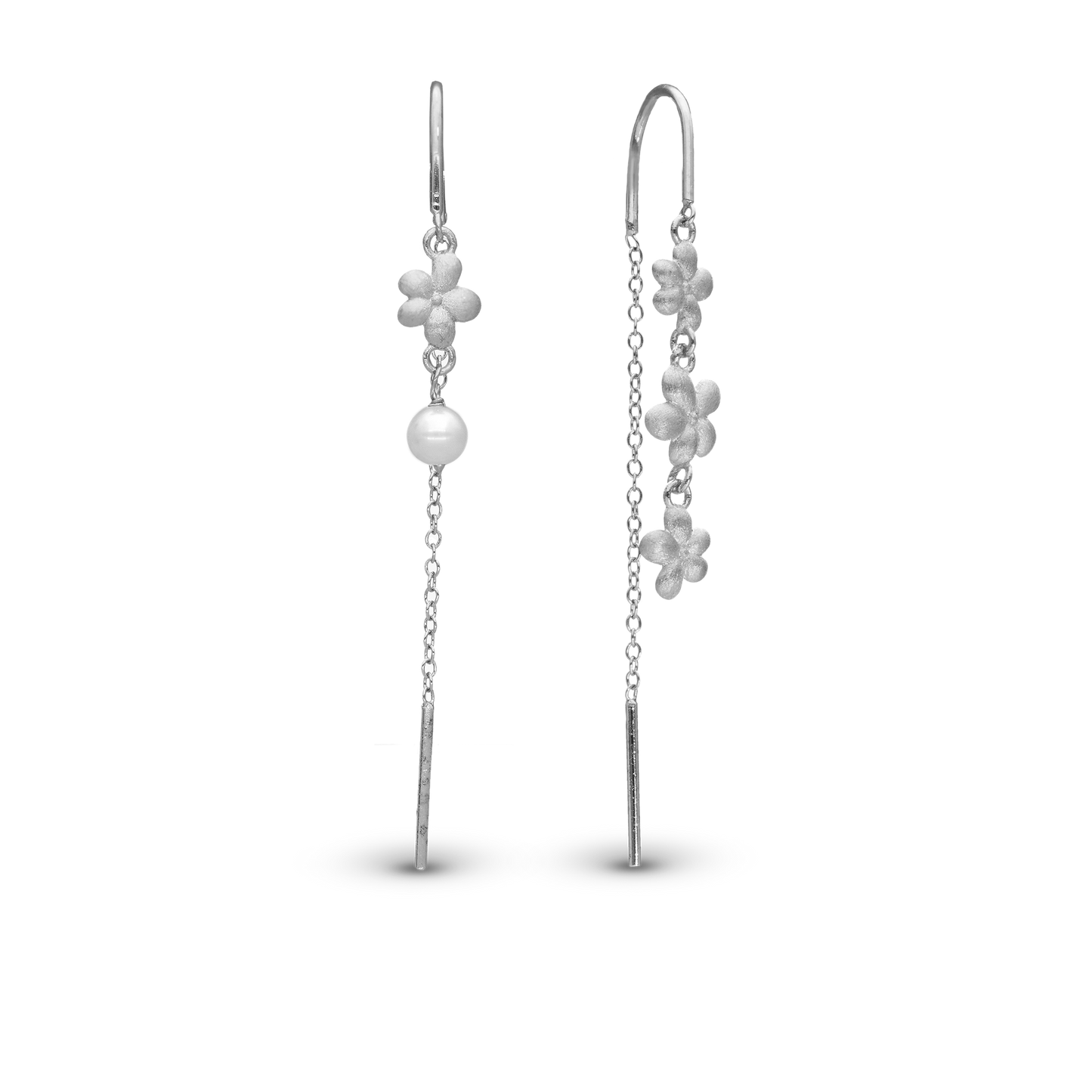 Graceful Flowers Dangle Earring - Matte Sterling Silver with 1 Ferskvandsperle