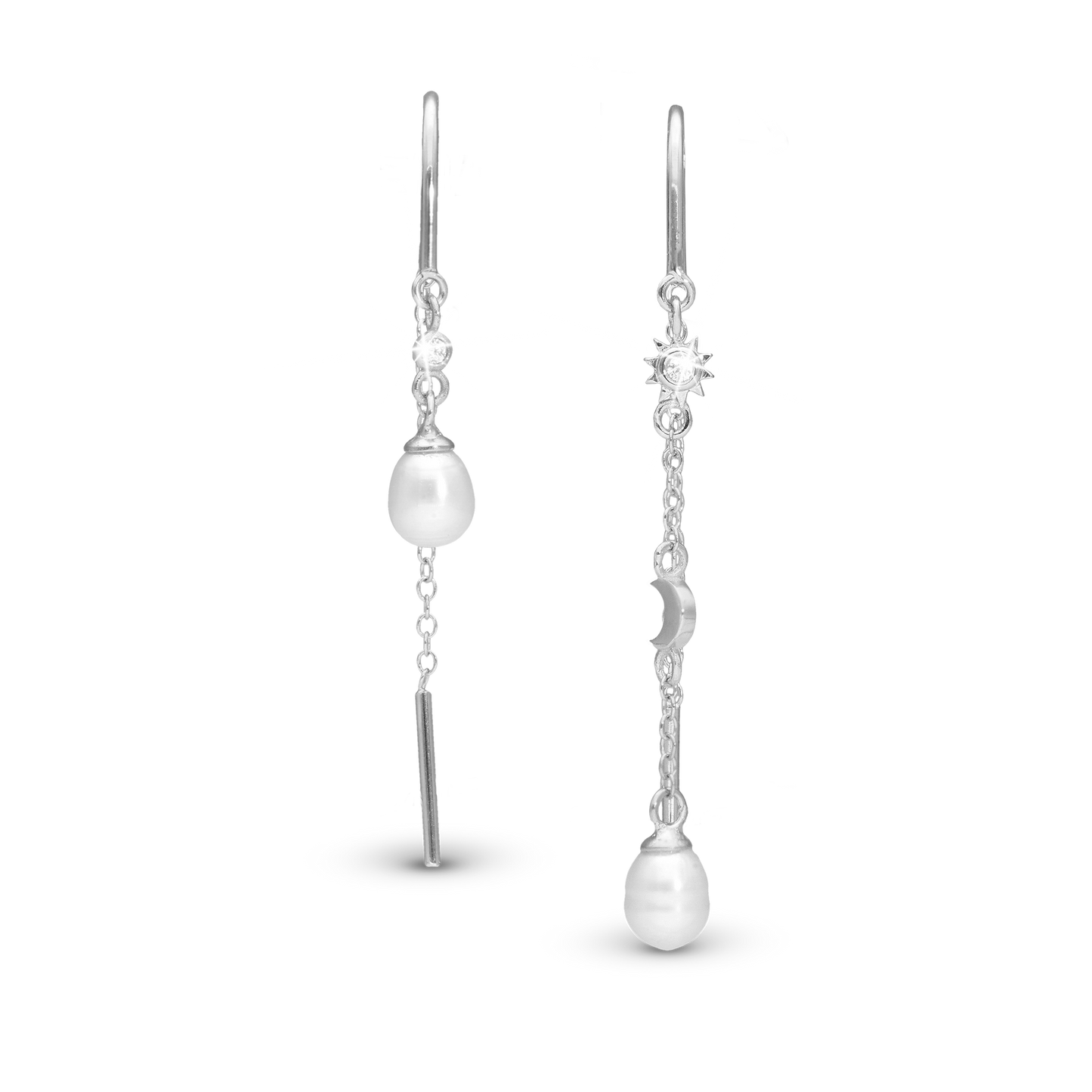 Day & Night Dangle Earring - Polished Sterling Silver with 2 white Ferskvandsperler