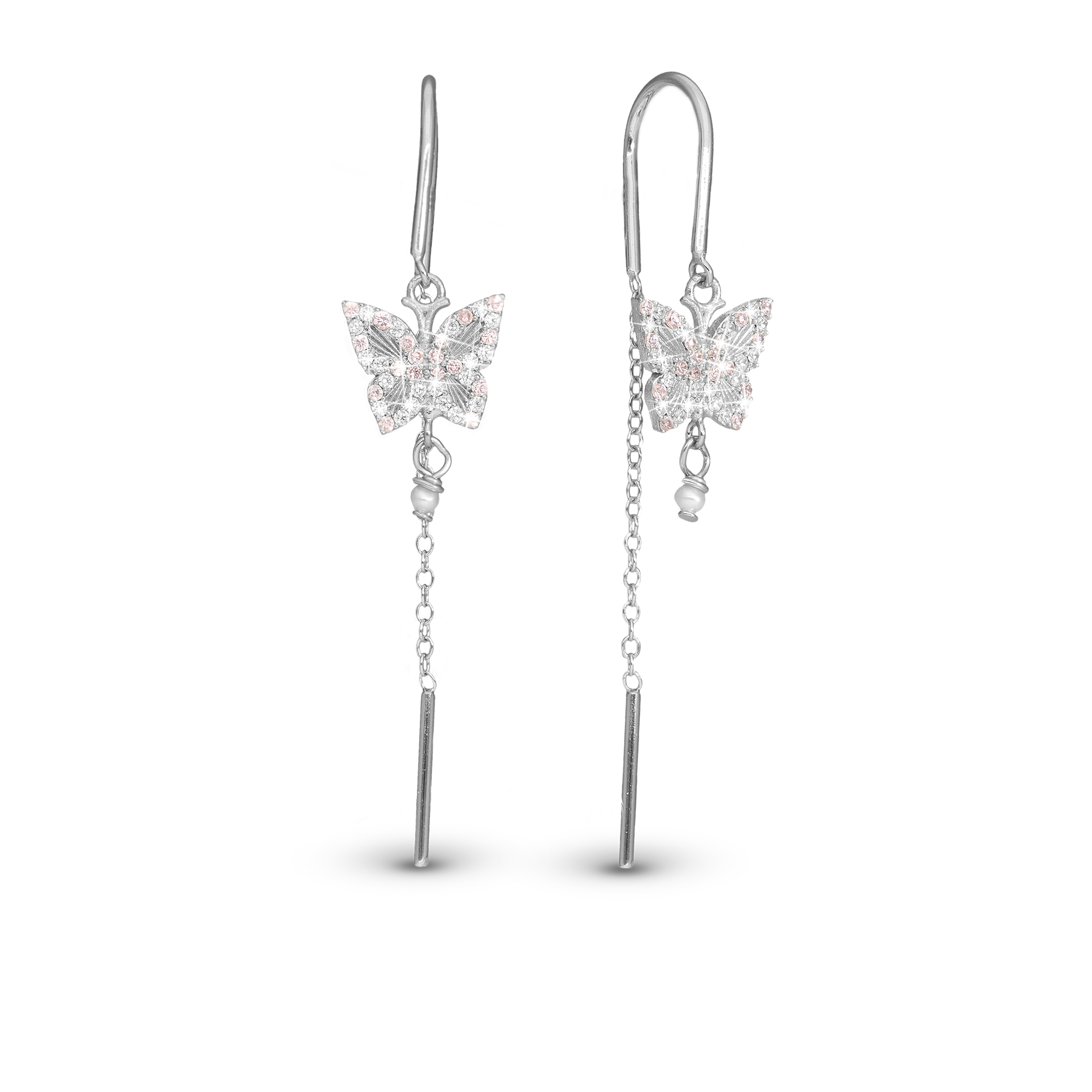 Sparkling Butterfly Dangle Earring - Polished Sterling Silver with 40 white Cubic Zirkonia