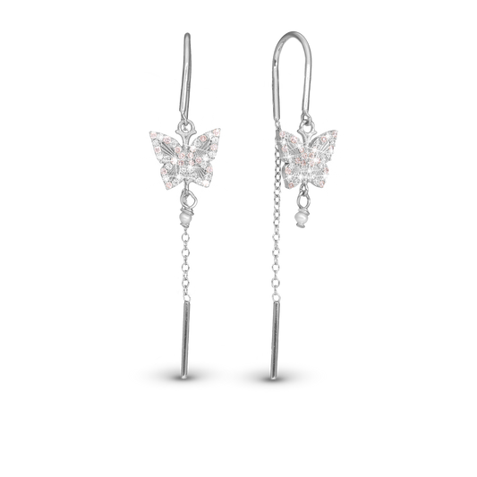 Sparkling Butterfly Dangle Earring - Polished Sterling Silver with 40 white Cubic Zirkonia