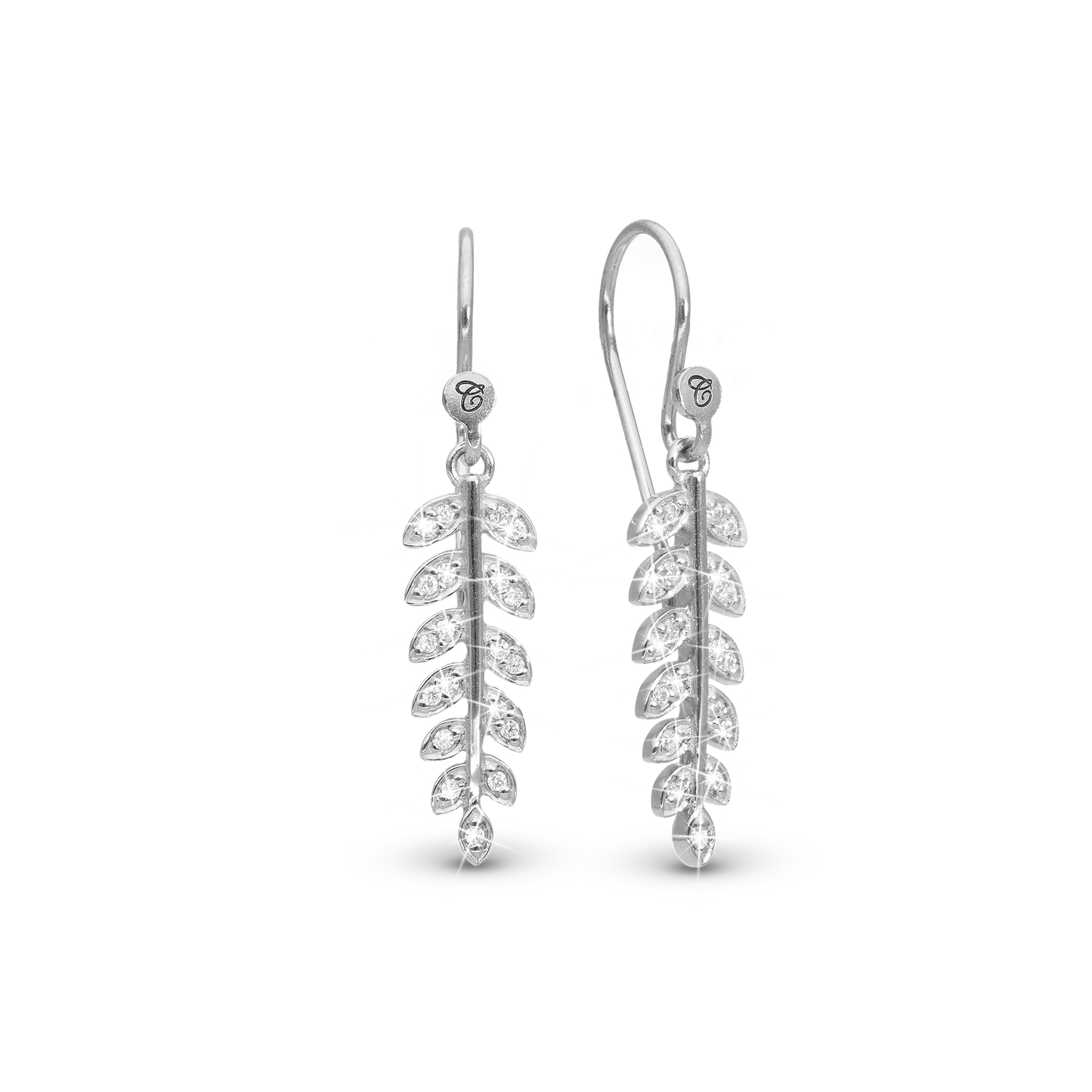 Forest Leaves Dangle Earring - Polished Sterling Silver with 40 white Cubic Zirkonia