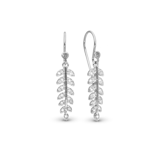 Forest Leaves Dangle Earring - Polished Sterling Silver with 40 white Cubic Zirkonia