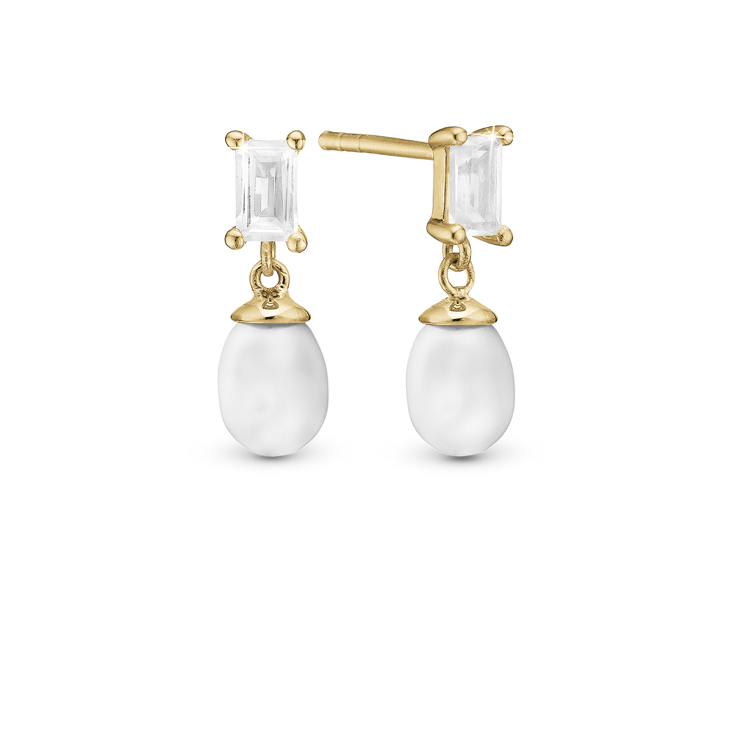 Pearl Baguette Stud Earrings - Polished Gold Plated Sterling Silver with 4 white Ferskvandsperler