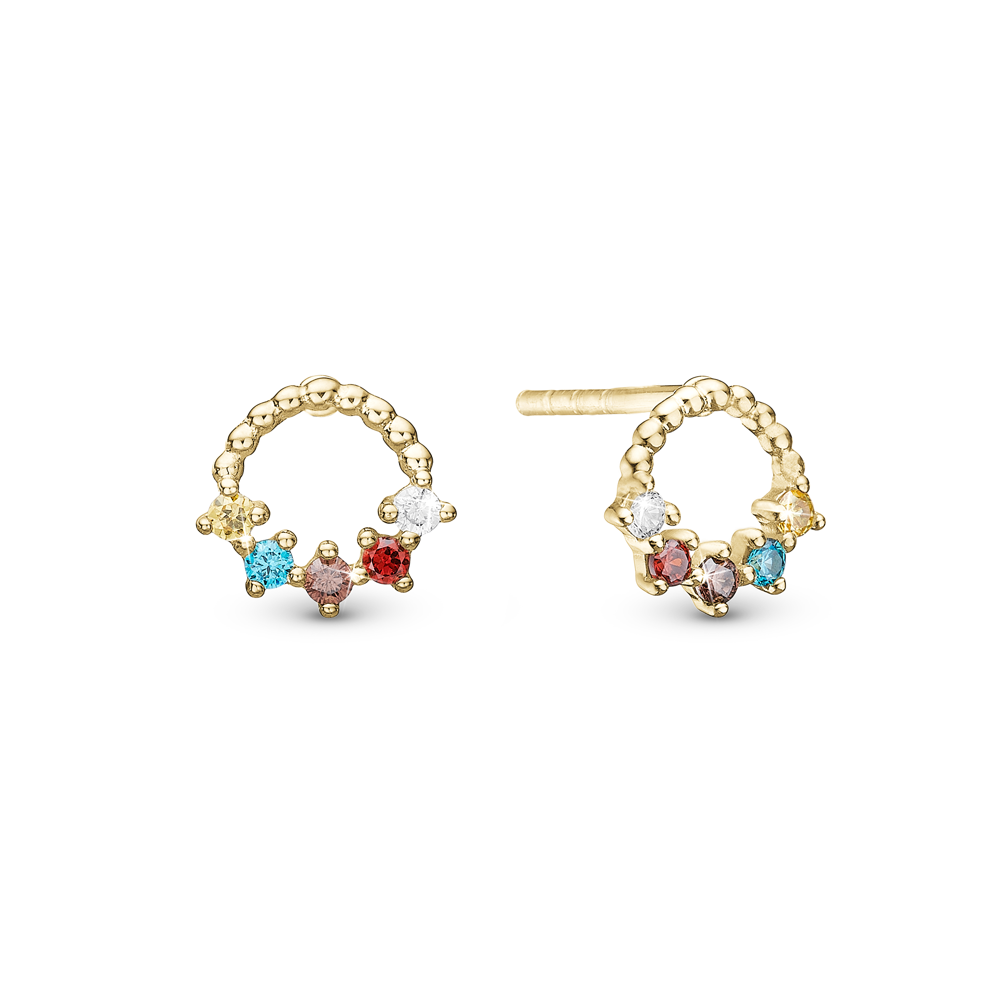 Rainbow Stud Earrings - Polished Gold Plated Sterling Silver with 10 Multi color Cubic Zirkonia