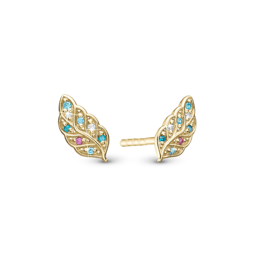 Peacock Stud Earrings - Polished Gold Plated Sterling Silver with 16 Multi color Cubic Zirkonia