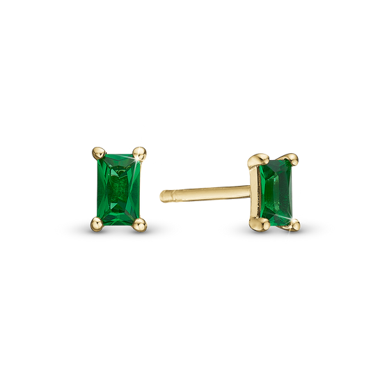 Green Baguette Stud Earrings - Polished Gold Plated Sterling Silver with 2 Greenne Cubic Zirkonia