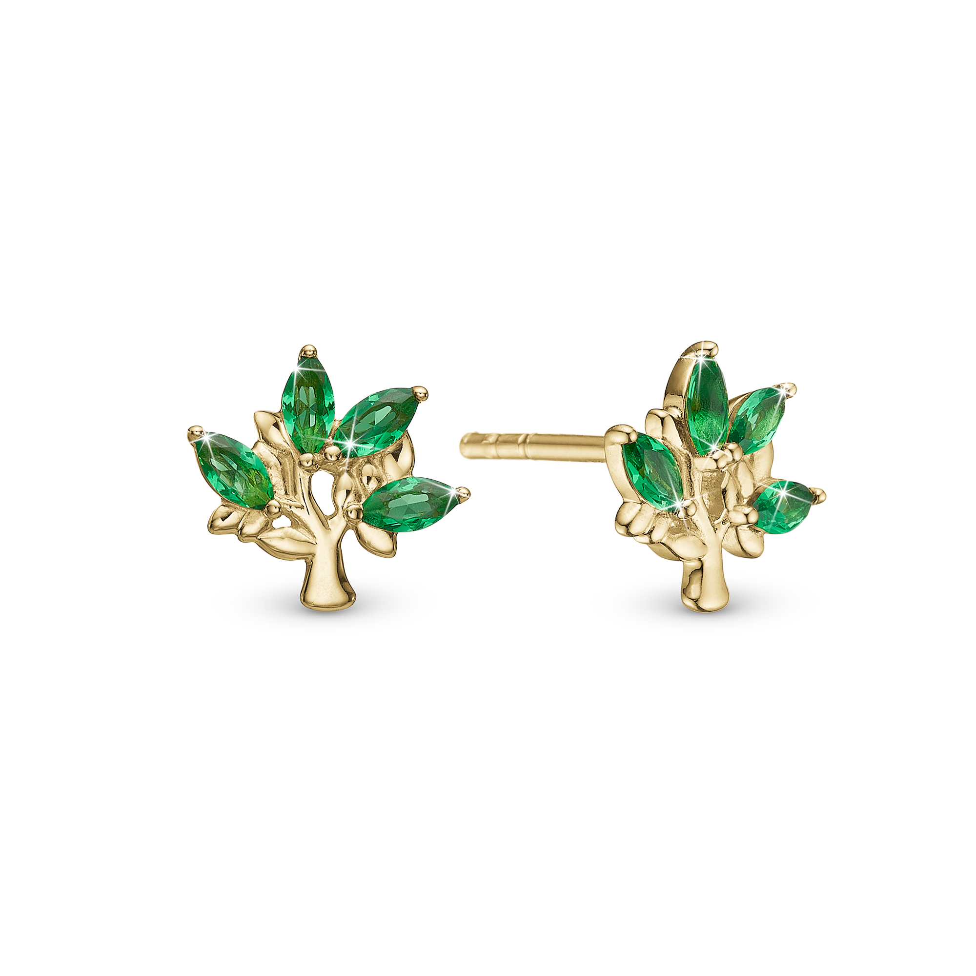 Green Family Tree Stud Earrings - Gold Plated Sterling Silver with 8 Greenne Cubic Zirkonia