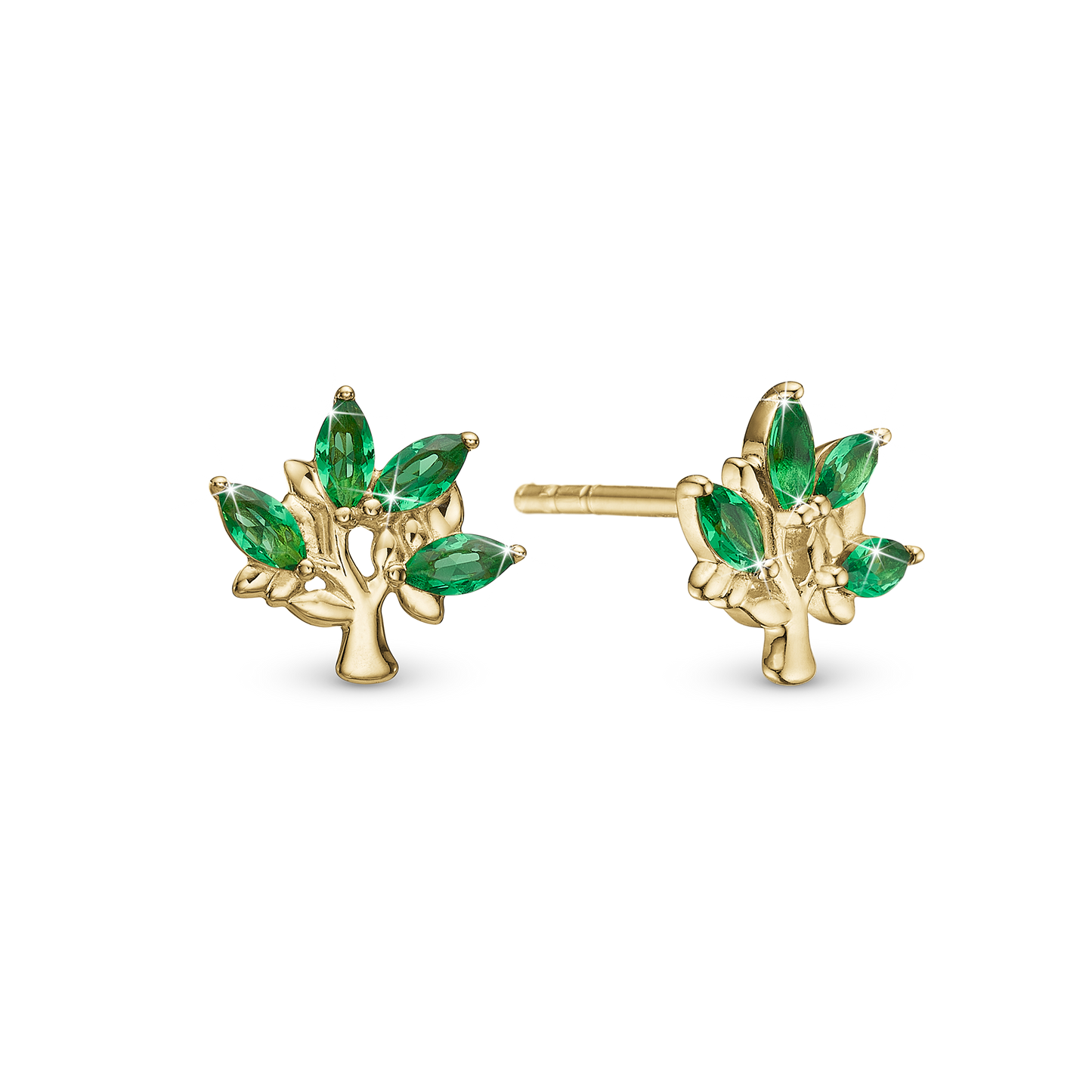 Green Family Tree Stud Earrings - Gold Plated Sterling Silver with 8 Greenne Cubic Zirkonia