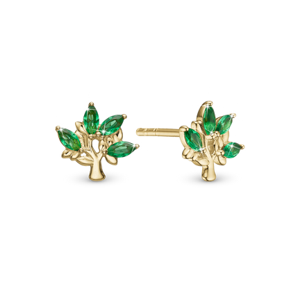 Green Family Tree Stud Earrings - Gold Plated Sterling Silver with 8 Greenne Cubic Zirkonia