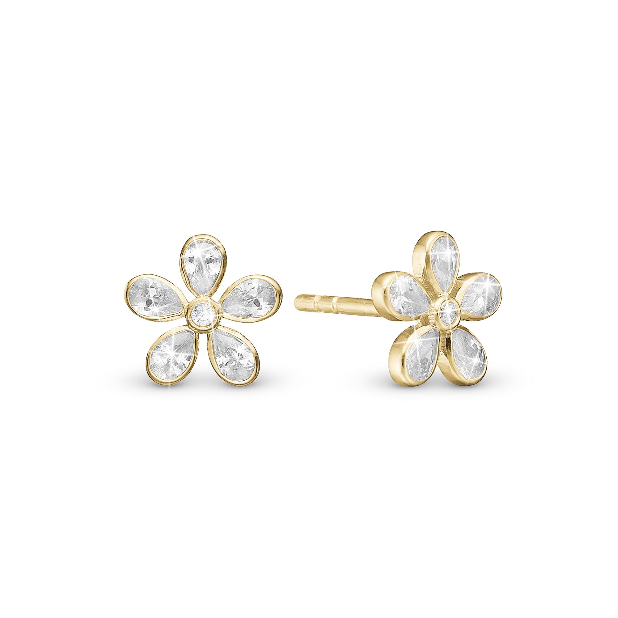 Magic white Flower Stud Earrings - Gold Plated Sterling Silver with 12 white Cubic Zirkonia
