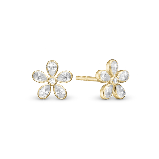 Magic white Flower Stud Earrings - Gold Plated Sterling Silver with 12 white Cubic Zirkonia