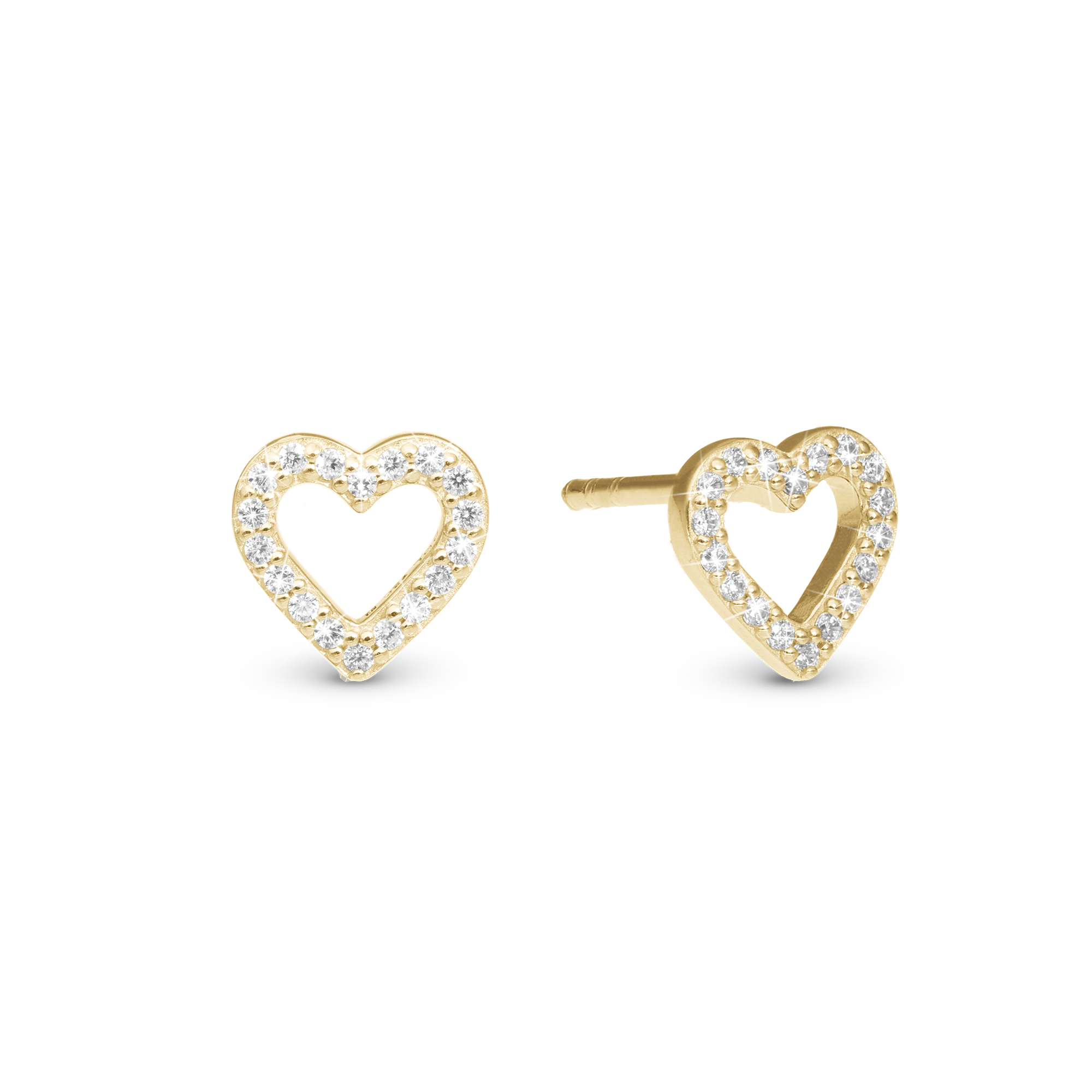 Shimmery Heart Stud Earrings - Polished Gold Plated Sterling Silver with 36 white Cubic Zirkonia