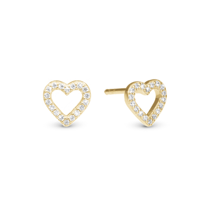 Shimmery Heart Stud Earrings - Polished Gold Plated Sterling Silver with 36 white Cubic Zirkonia