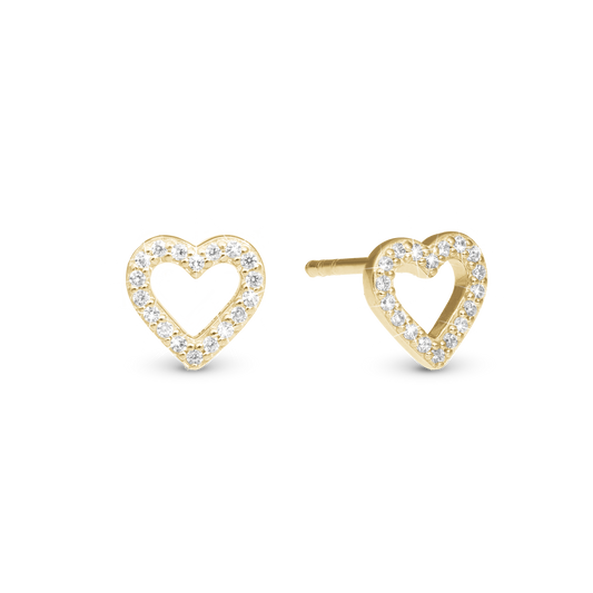 Shimmery Heart Stud Earrings - Polished Gold Plated Sterling Silver with 36 white Cubic Zirkonia