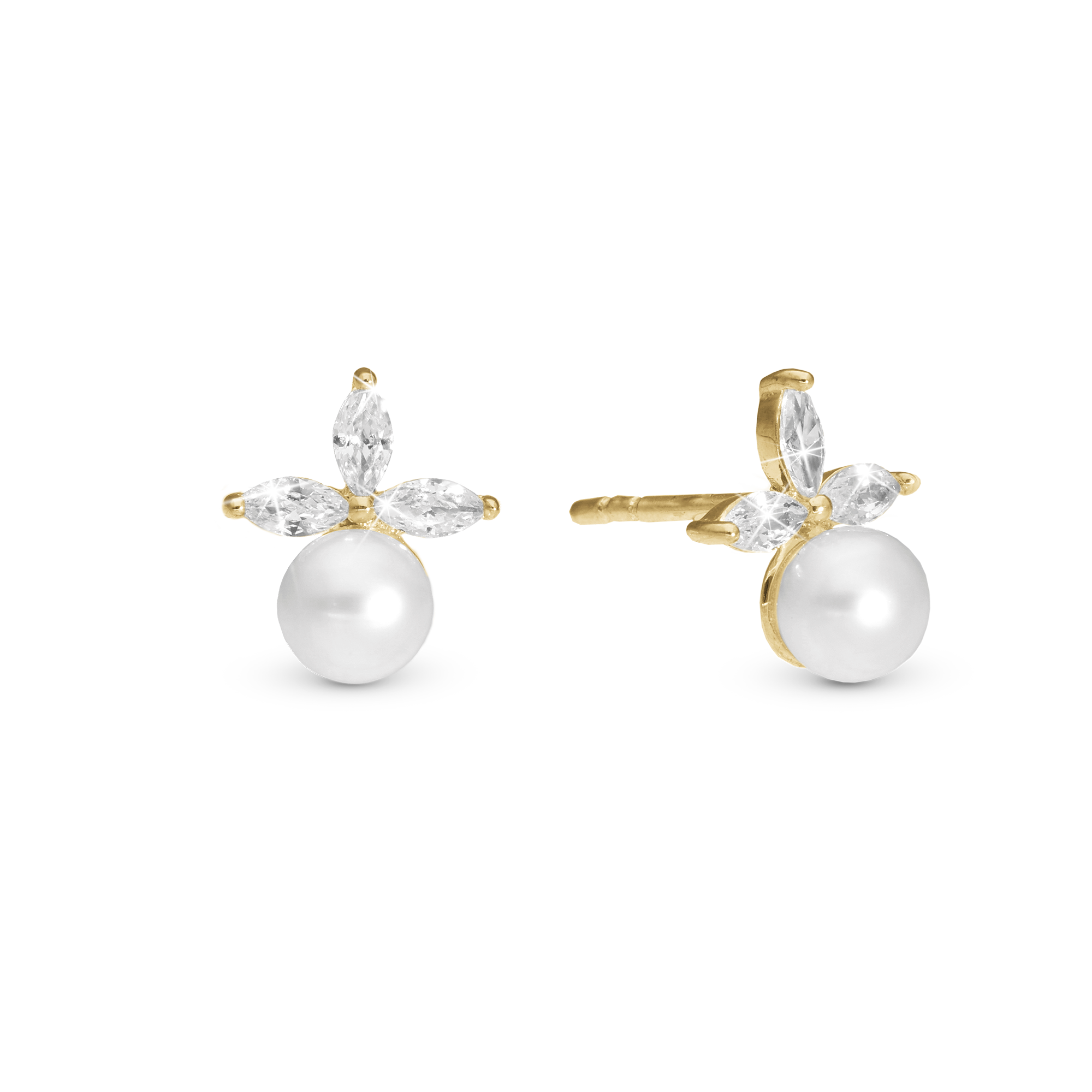 Pearl Lotus Stud Earrings - Polished Gold Plated Sterling Silver