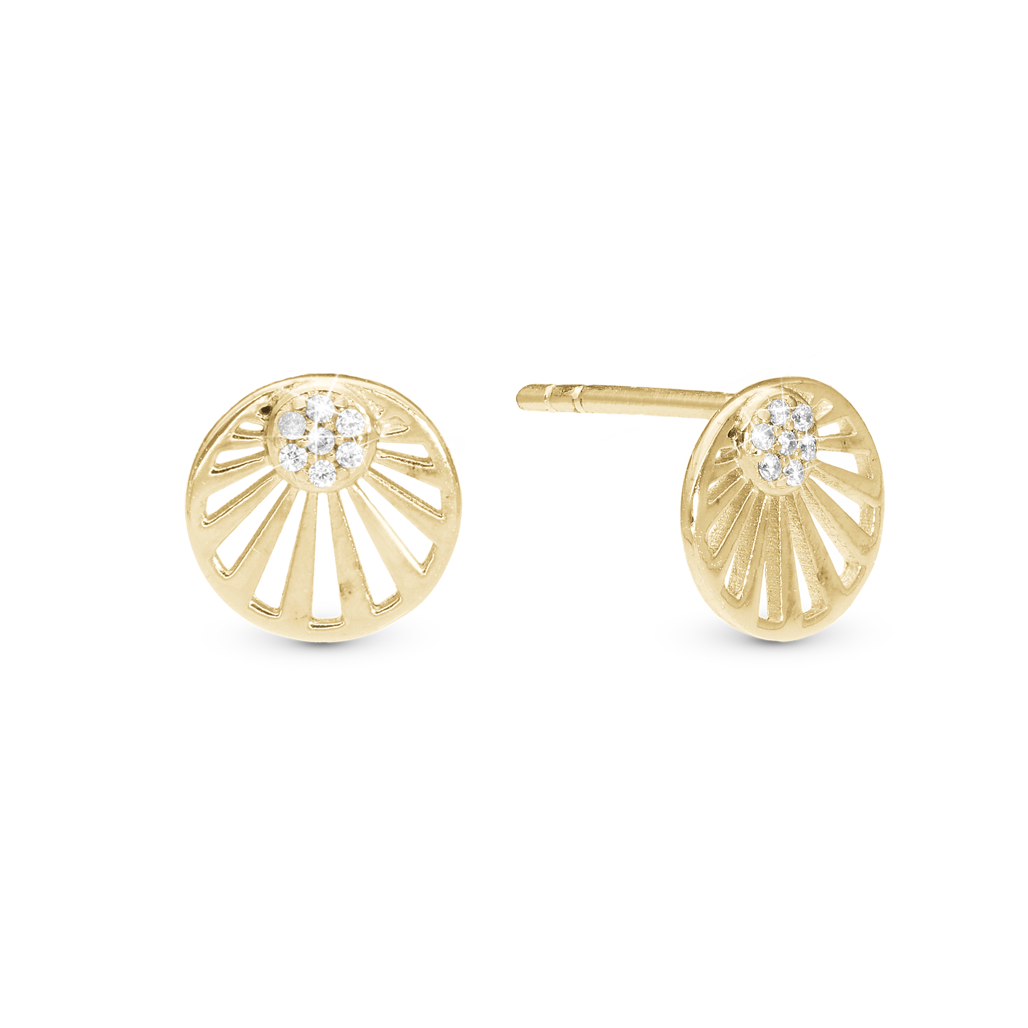 Ocean sunset Stud Earrings - Polished Gold Plated Sterling Silver with 18 white Cubic Zirkonia