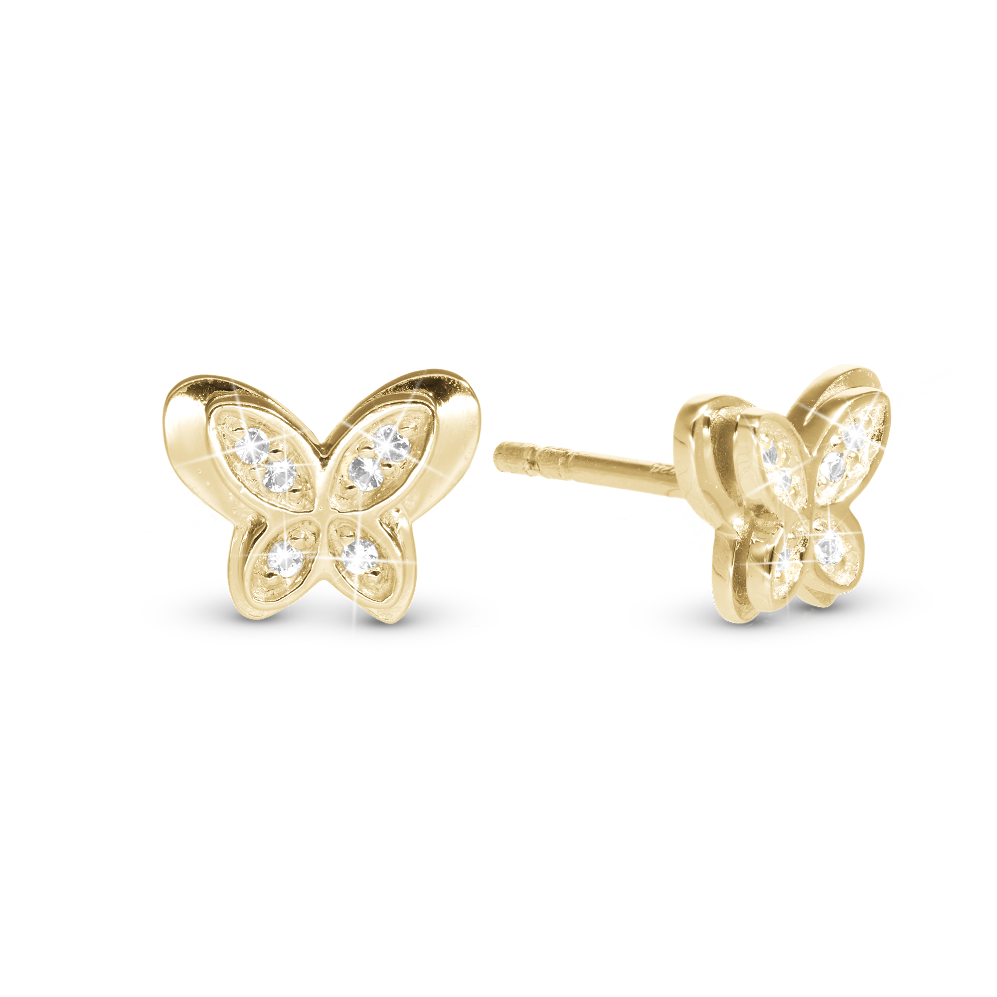 Vibrant Butterfly Stud Earrings - Polished Gold Plated Sterling Silver with 12 white Cubic Zirkonia