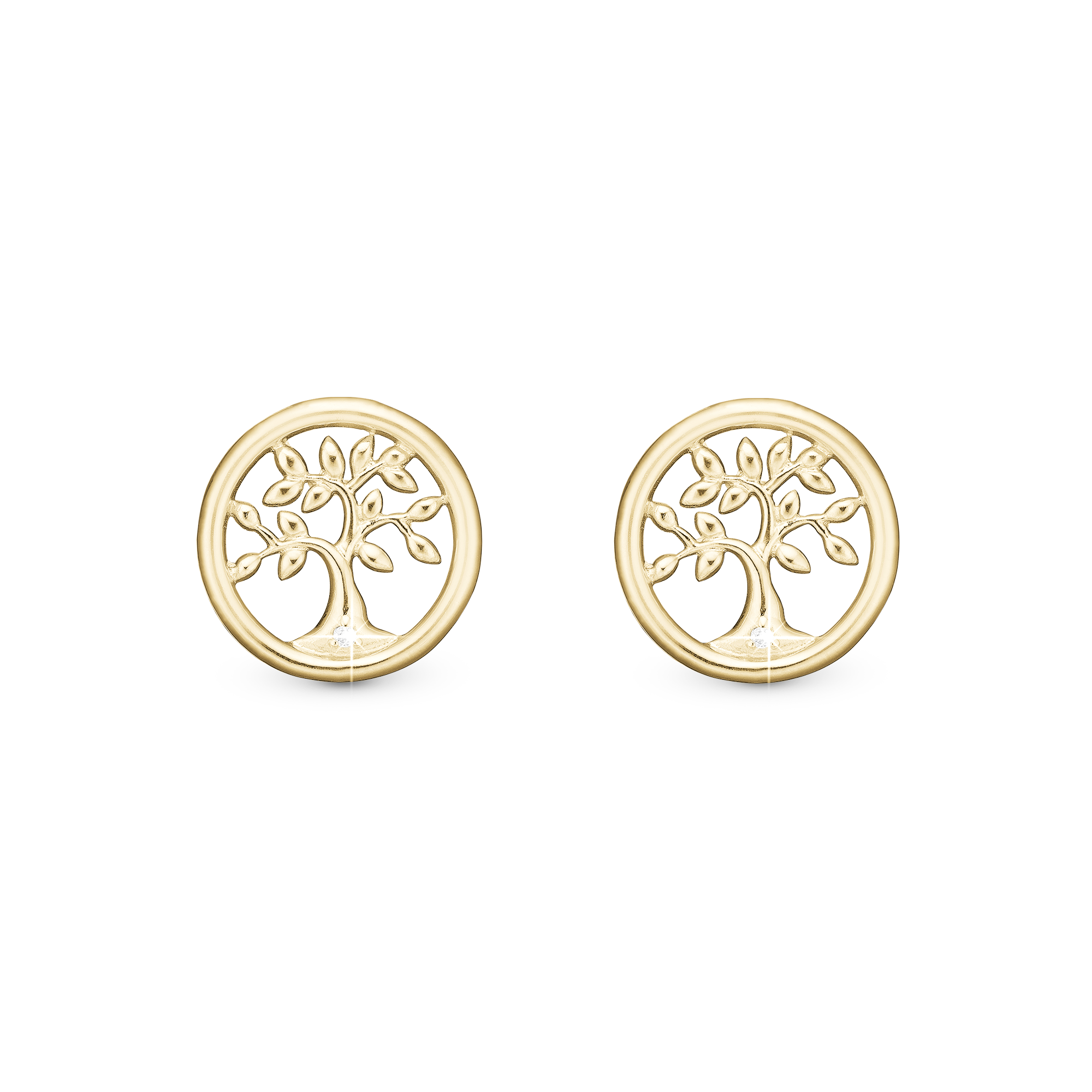 Livets Træ Diamant Stud Earrings - Gold Plated Stud Earrings - Gold Plated Sterling Silver with 2 Diamonds