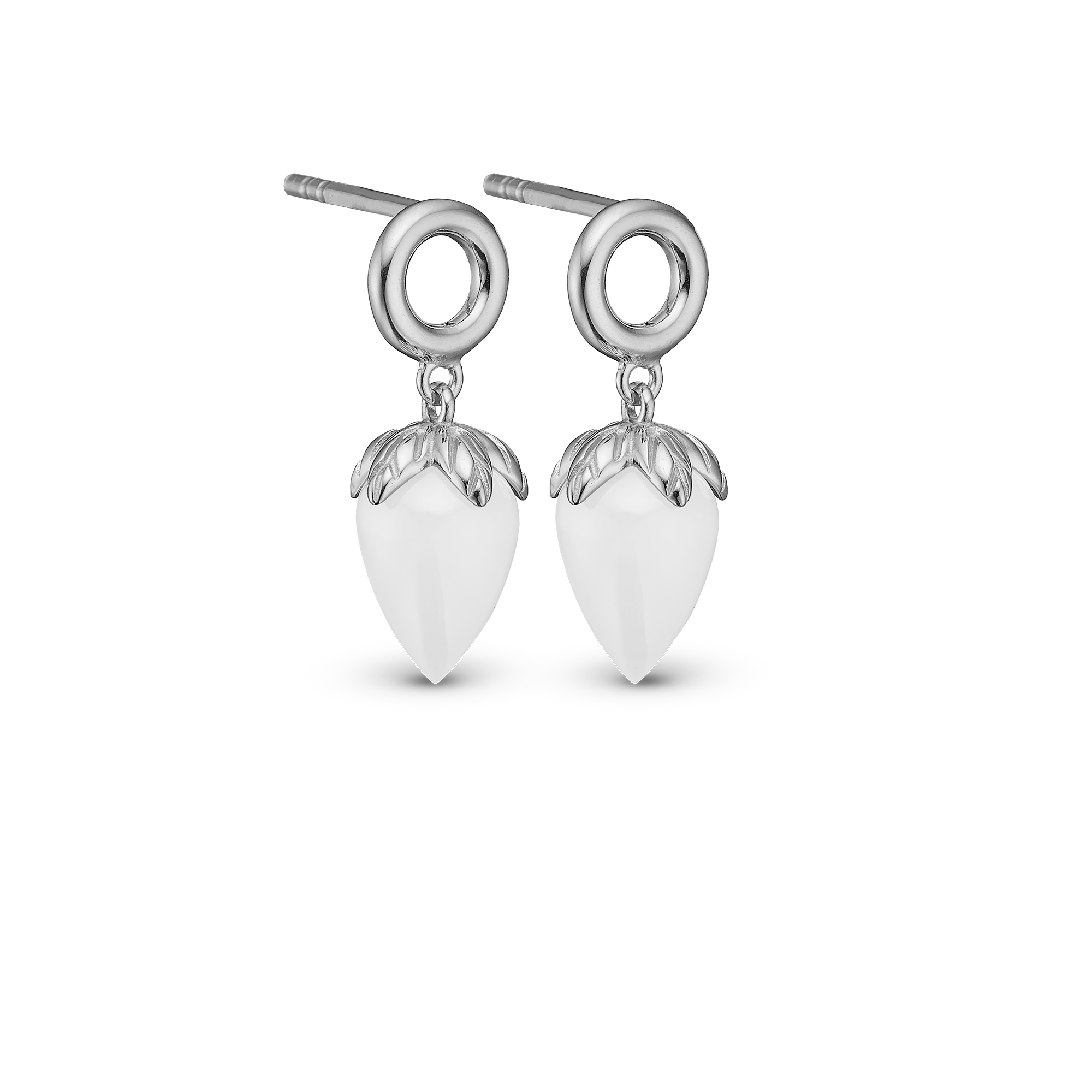 White Chalcedony Stud Earrings - Polished Sterling Silver with 1 Kalcedon