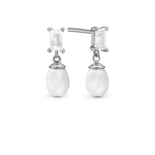 Pearl Baguette Stud Earrings - Polished Sterling Silver with 4 white Ferskvandsperler