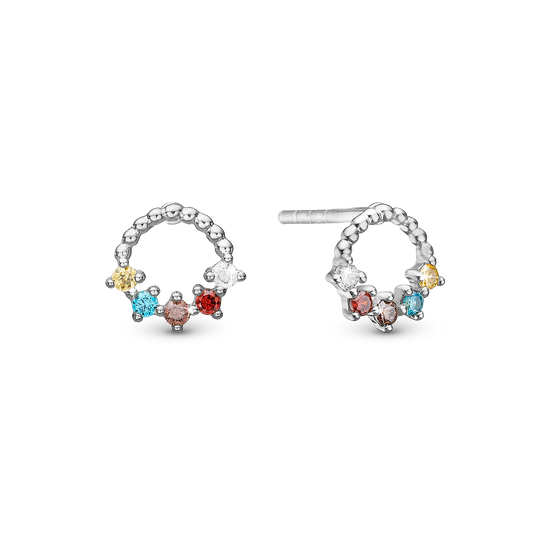 Rainbow Stud Earrings - Polished Sterling Silver with 10 Multi color Cubic Zirkonia