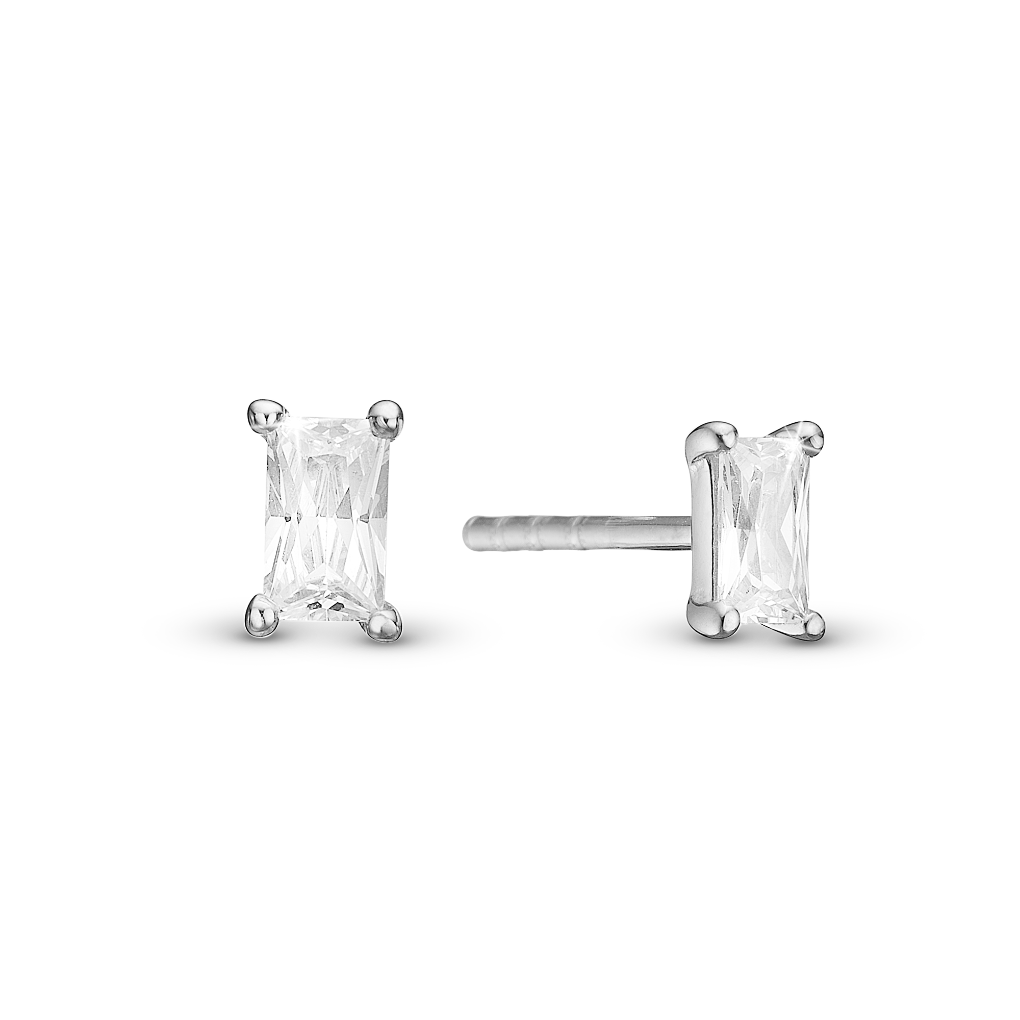 White Baguette Stud Earrings - Polished Sterling Silver with 2 white Cubic Zirkonia