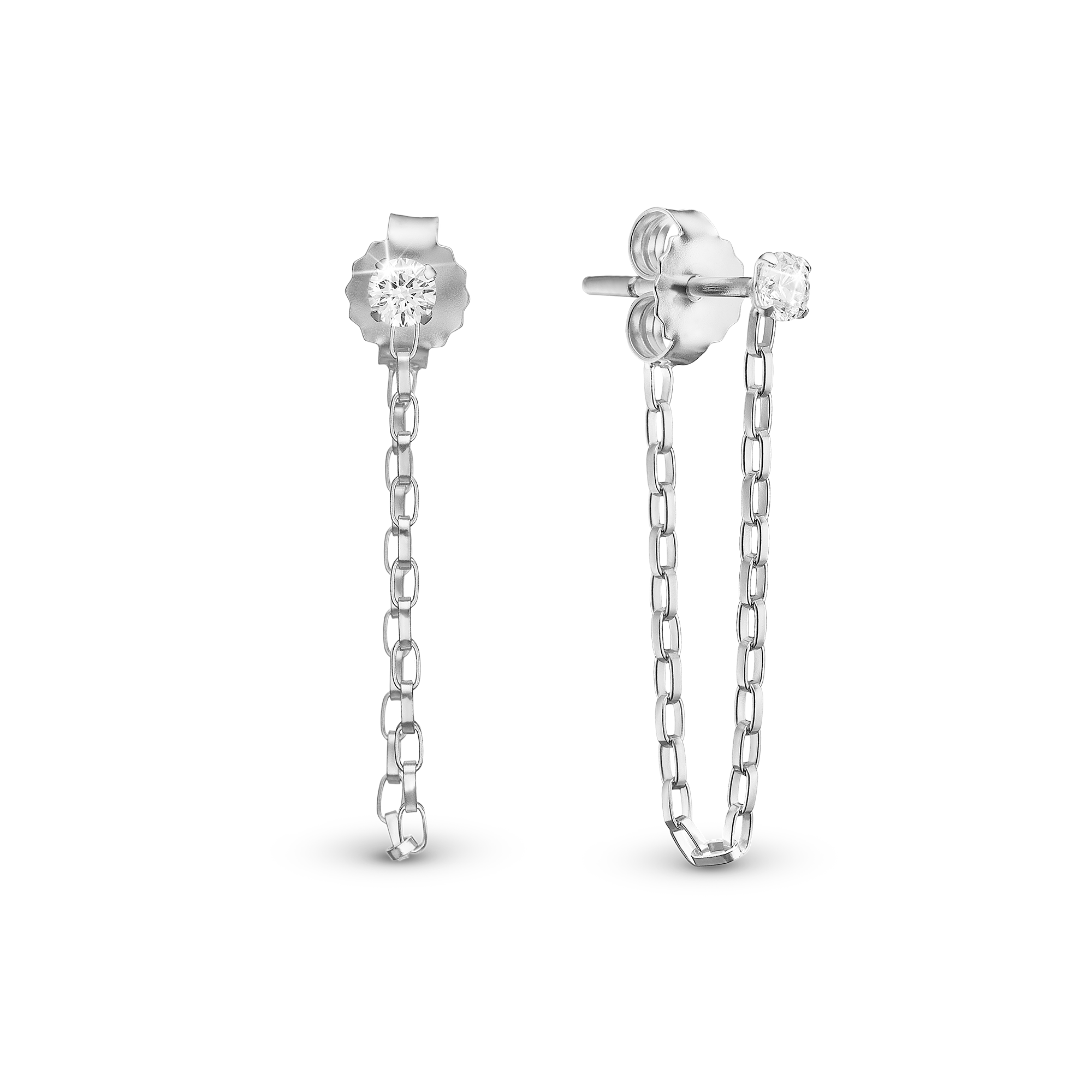 White CZ chain Stud Earrings - Polished Sterling Silver with 2 white Cubic Zirkonia