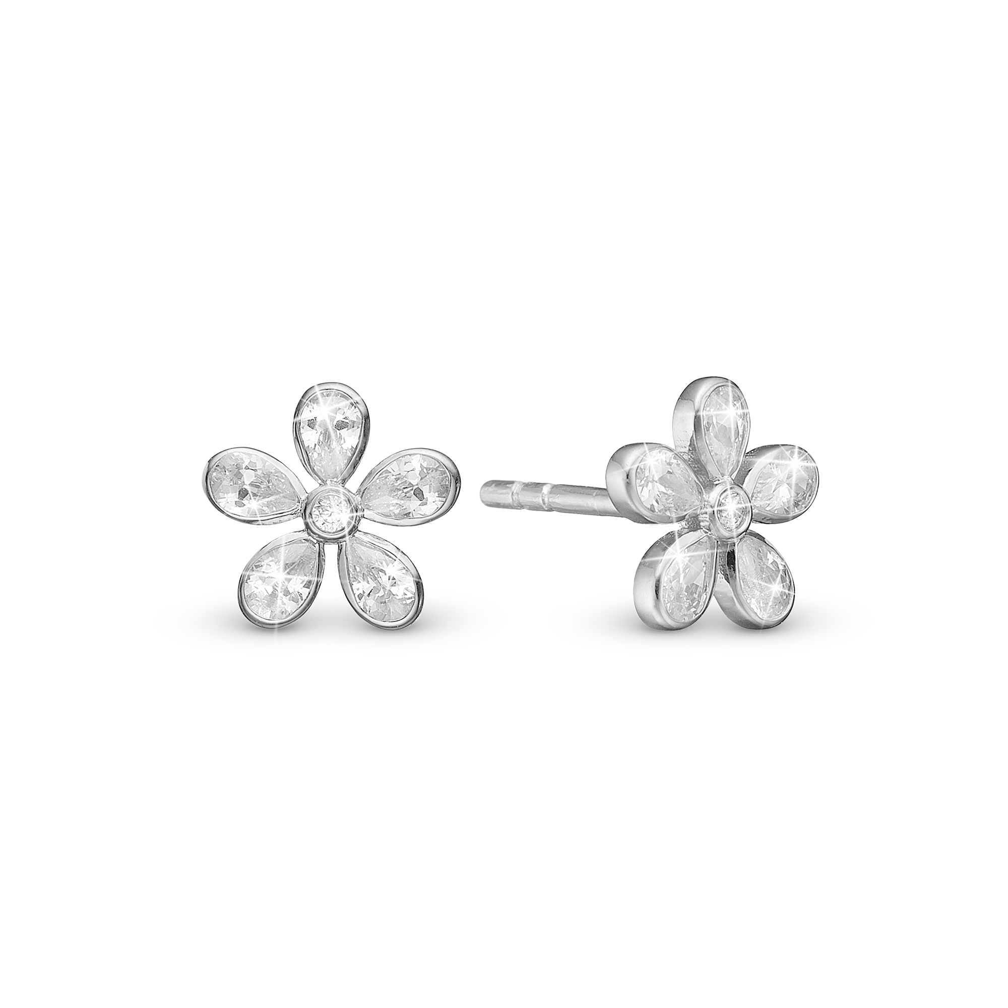 Magic white Flower Stud Earrings - Sterling Silver with 12 white Cubic Zirkonia